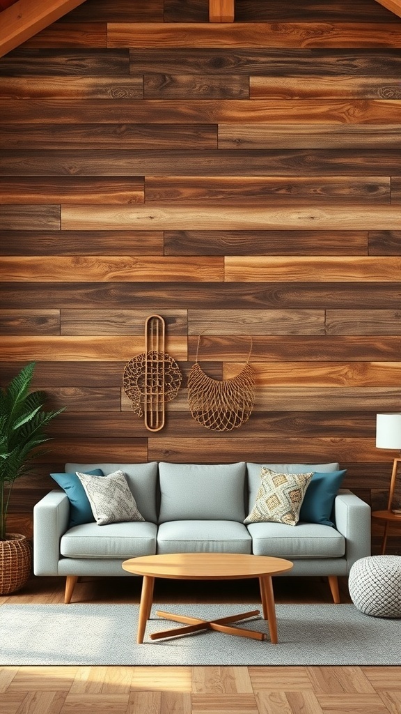 A cozy living room with rustic wood paneling, a light-colored couch, decorative pillows, a round coffee table, and a plant.