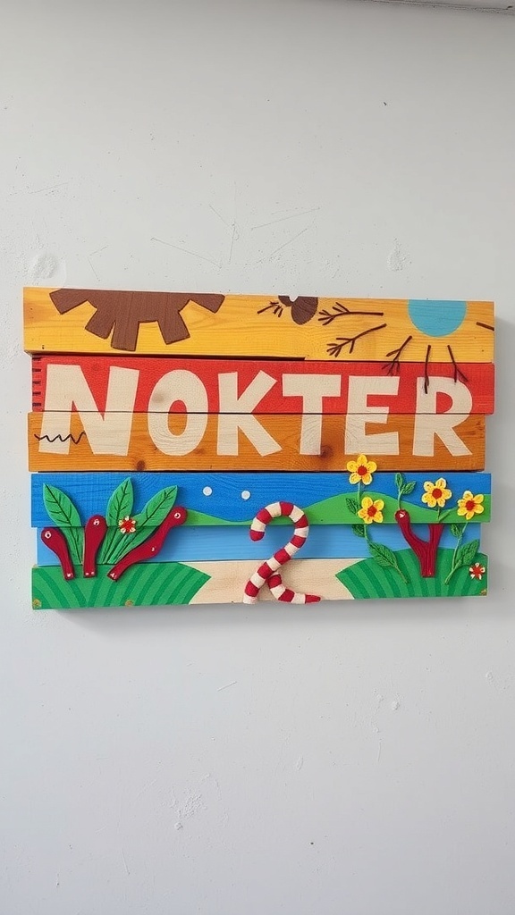 10 Creative DIY Home Decor Ideas to Transform Your Space 8 Colorful wooden pallet wall art featuring the word 'NOKTER' and decorative elements like flowers and waves.