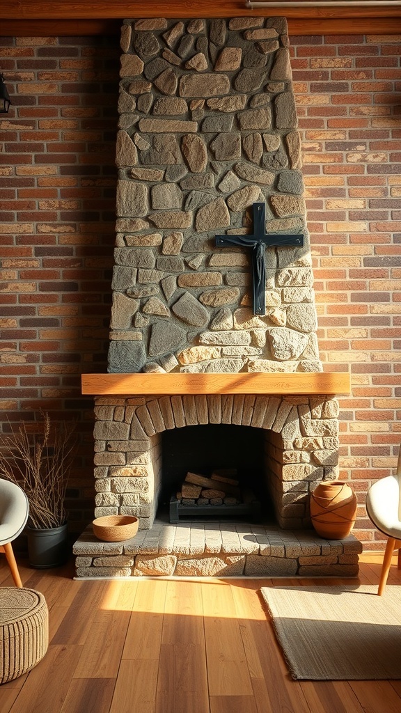 9 Cozy Earthy Living Room Ideas for a Natural Feel 7 A cozy living room featuring a stone fireplace with a wooden mantel, surrounded by brick walls and simple decor.
