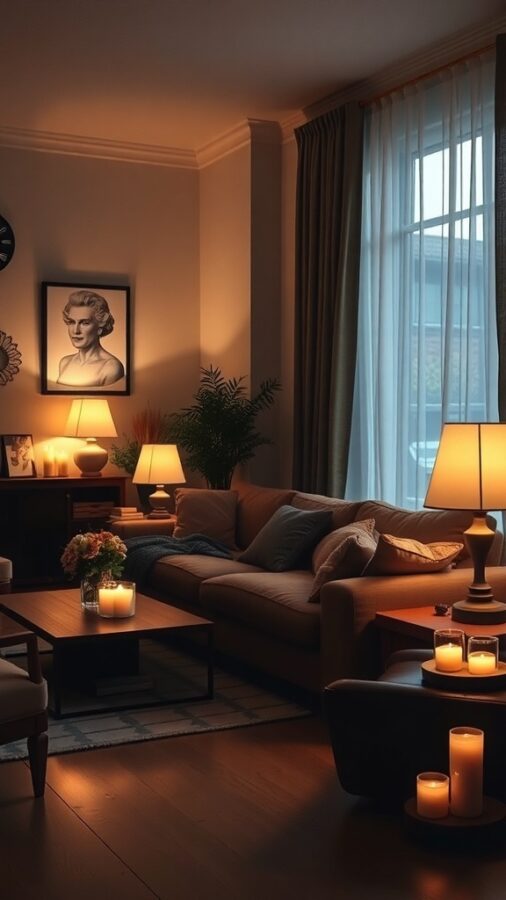 A cozy living room with soft lighting from lamps and candles, featuring a comfortable sofa, a coffee table, and a window with sheer curtains.