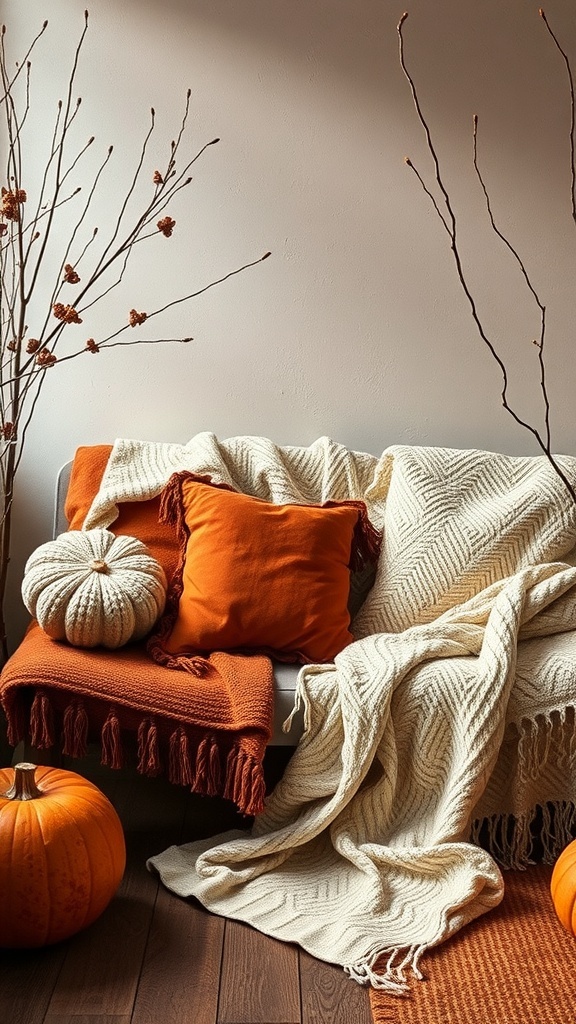10 Cozy Fall Decor Ideas to Transform Your Home 6 Cozy fall decor with layered textiles, pumpkins, and warm colors