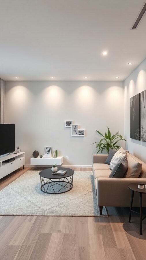 A modern living room featuring a smart TV, minimalistic furniture, and plants.