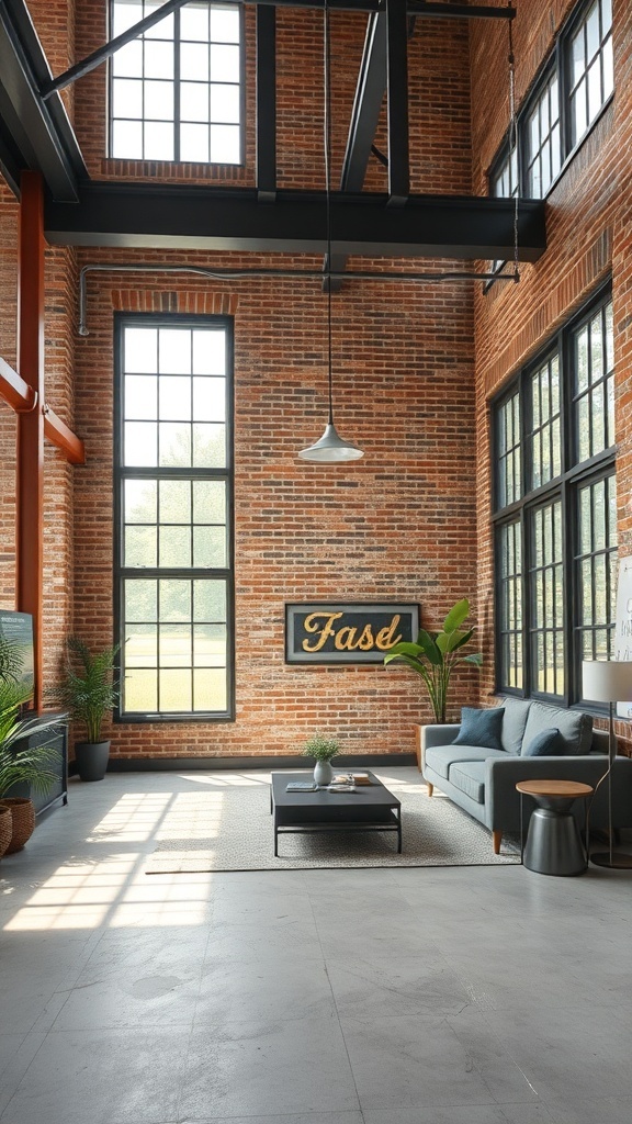 9 Stunning Living Room Designs to Inspire Your Home Makeover 8 Modern industrial living room with exposed brick walls, large windows, and minimalist furniture.