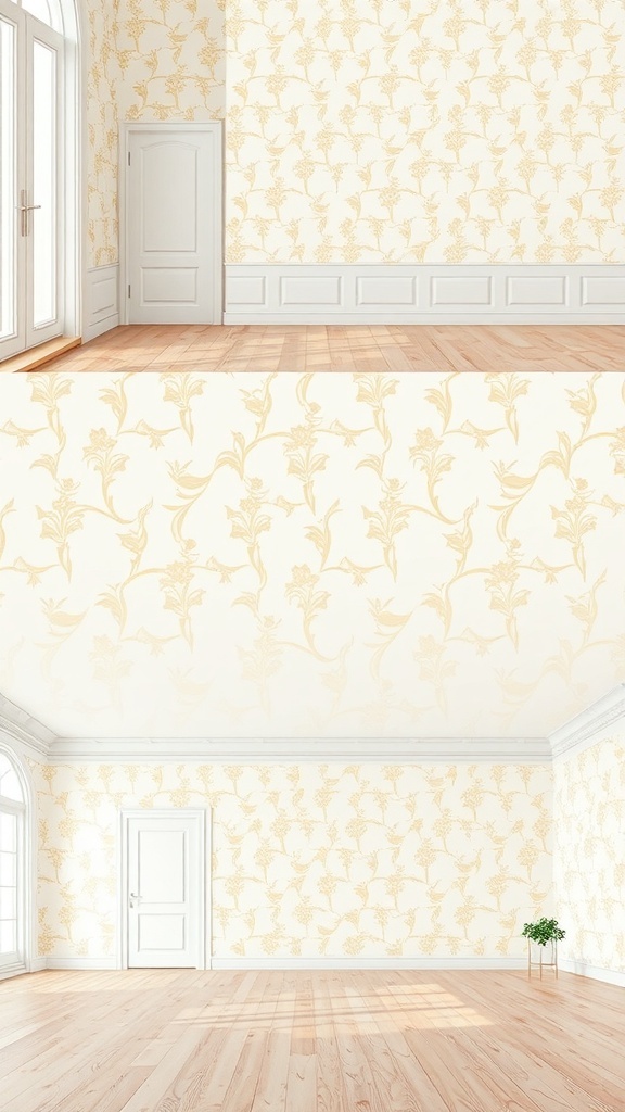10 Stunning White Wallpaper Ideas to Brighten Your Space 10 A bright room with floral-patterned white wallpaper and wooden flooring.