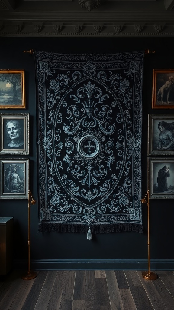 11 Stunning Gothic Home Decor Ideas to Transform Your Space 6 A gothic tapestry with intricate designs hanging on a dark wall, surrounded by framed portraits.