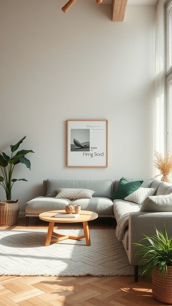 10 Inspiring Nordic Living Room Ideas for a Cozy Home 1 A cozy Nordic living room with a gray sofa, wooden flooring, and plants.