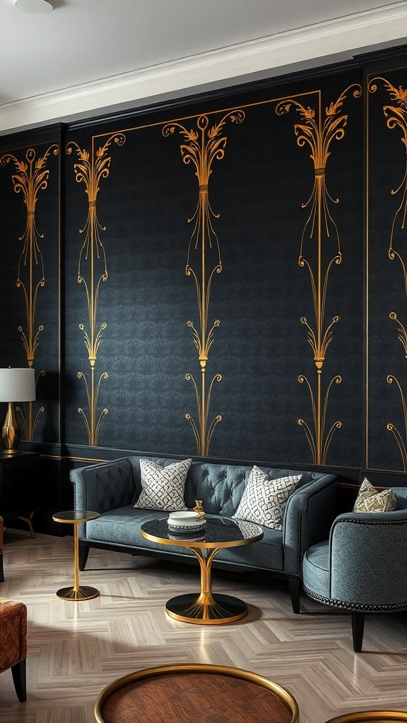 12 Stunning Black Wallpaper Ideas to Elevate Your Space 2 Interior featuring black wallpaper with gold foil details, stylish furniture, and elegant decor.