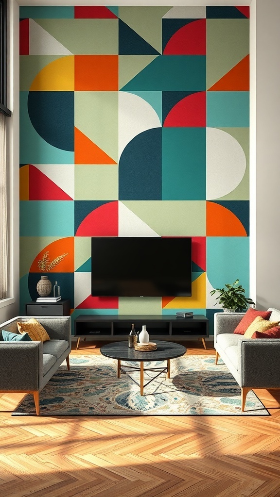 A modern living room featuring a geometric patterned wall with colorful shapes.