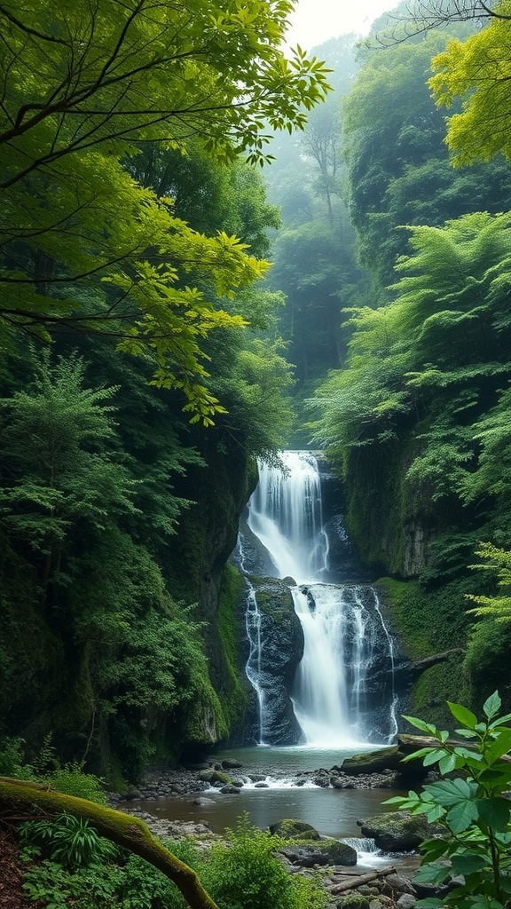 A serene waterfall surrounded by lush green trees and mist.