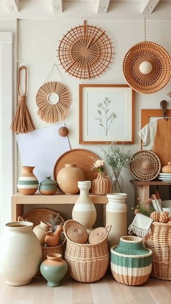 10 Nature-Inspired Items for Earthy Cottage Home Decor 3 A collection of artisanal and handmade decor items including woven baskets, ceramic vases, and wall art.