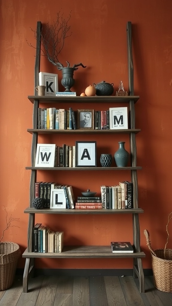 10 Creative DIY Home Decor Ideas to Transform Your Space 4 A rustic ladder bookshelf against an orange wall, filled with books and decorative items.
