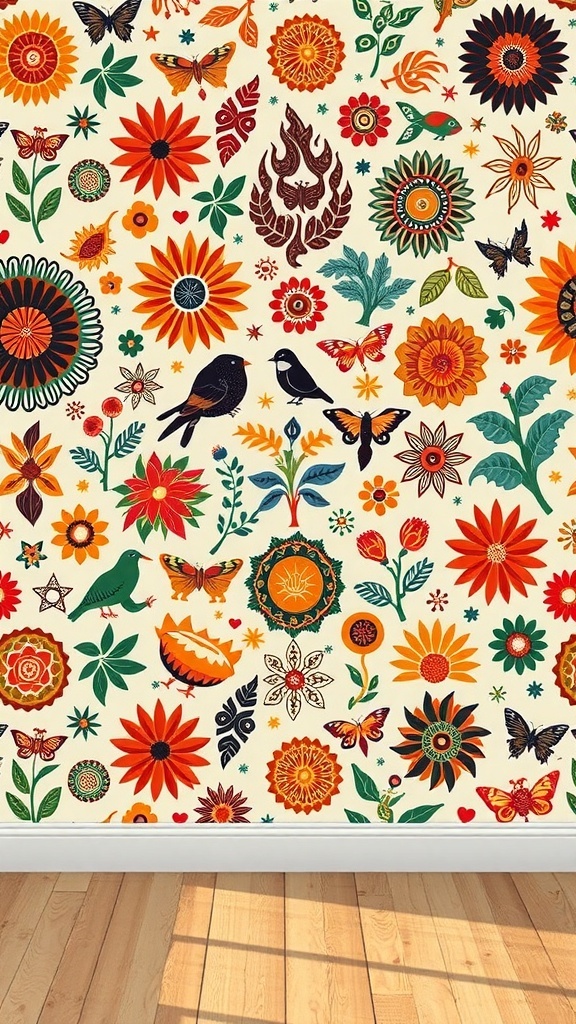 Colorful wallpaper featuring flowers, birds, and butterflies in a vibrant pattern.