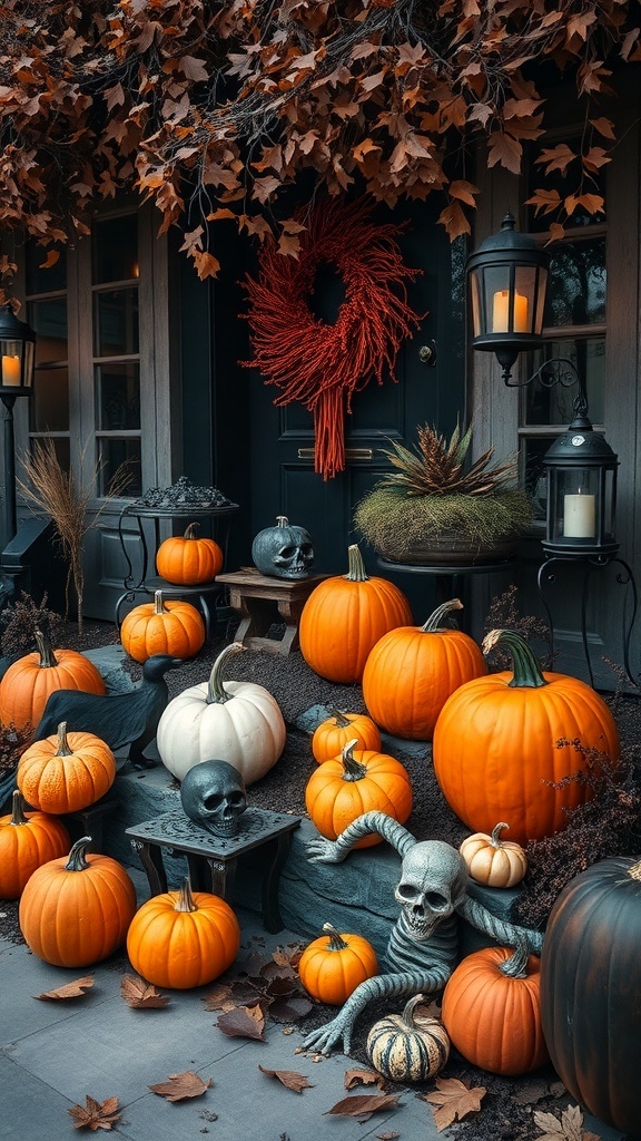 11 Stunning Gothic Home Decor Ideas to Transform Your Space 9 A gothic fall decor scene featuring pumpkins, skulls, and autumn leaves on a porch.