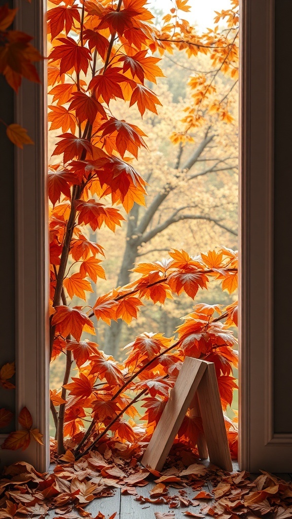 A cozy window view with vibrant orange leaves framing the scene, creating an autumn atmosphere.