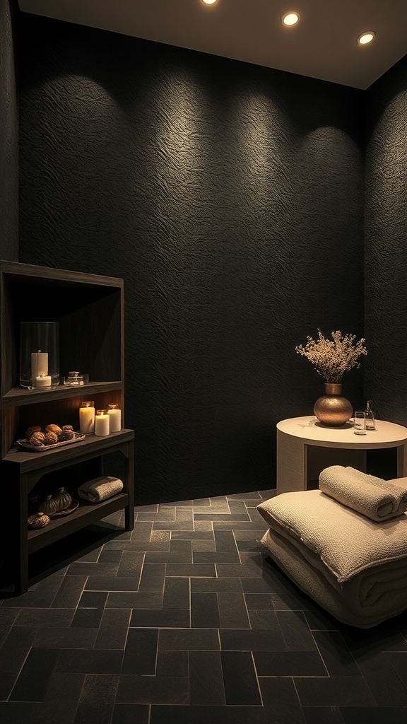 12 Stunning Black Wallpaper Ideas to Elevate Your Space 1 A serene spa setting featuring textured black wallpaper, soft lighting, candles, and a cozy arrangement.
