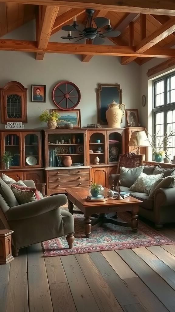 A warm rustic living room featuring vintage furniture and antiques, with a cozy atmosphere.