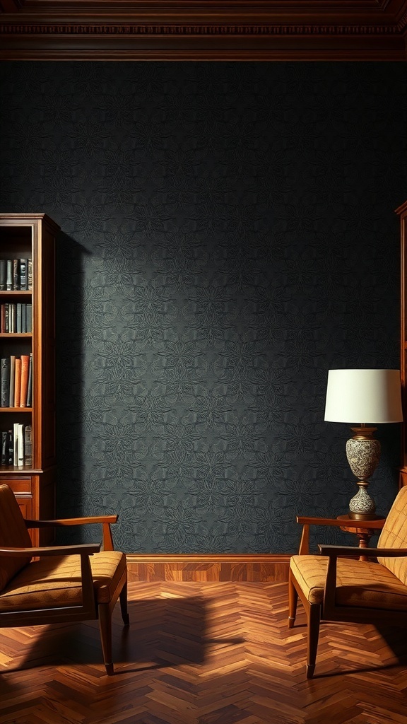 12 Stunning Black Wallpaper Ideas to Elevate Your Space 12 A cozy room with black wallpaper featuring subtle patterns, wooden furniture, and a warm atmosphere.