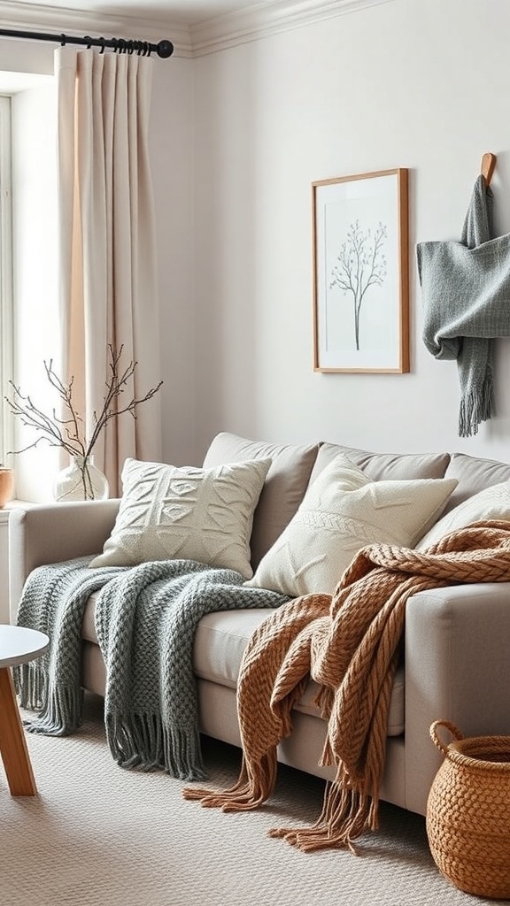 10 Inspiring Nordic Living Room Ideas for a Cozy Home 2 A cozy Nordic living room with a sofa covered in knitted throws and decorative pillows, complemented by light curtains and a woven basket.