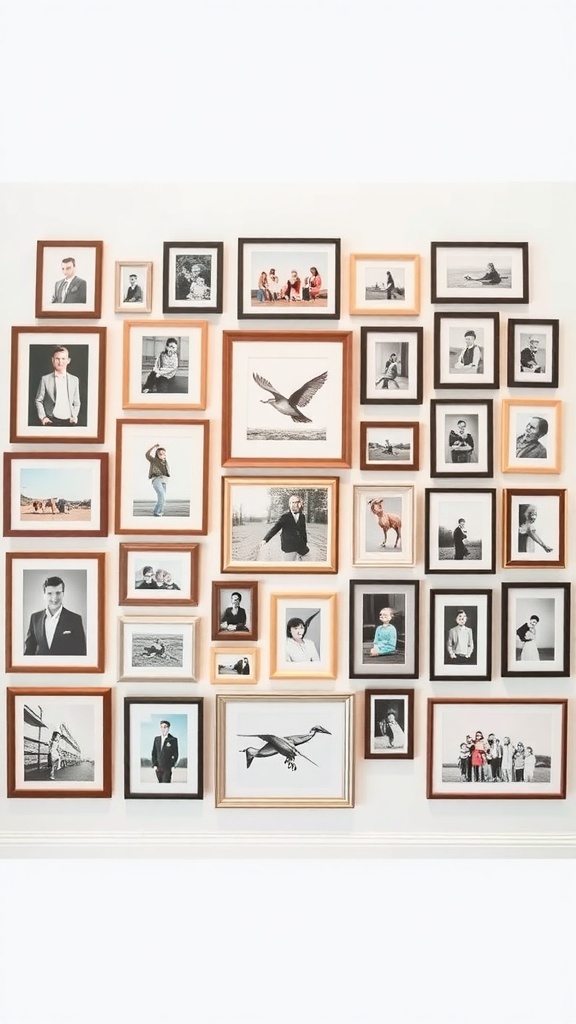 10 Creative DIY Home Decor Ideas to Transform Your Space 6 A collage of framed black and white photos arranged on a wall, showcasing a variety of subjects and styles.