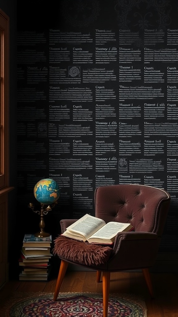 12 Stunning Black Wallpaper Ideas to Elevate Your Space 11 Cozy reading nook with black wallpaper, plush chair, open book, and a globe