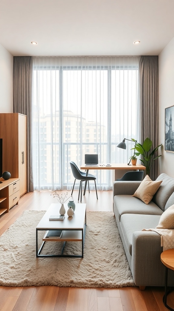 11 Stunning Living Room Inspiration Ideas You'll Love 10 A modern living room with a sofa, coffee table, and workspace by the window.