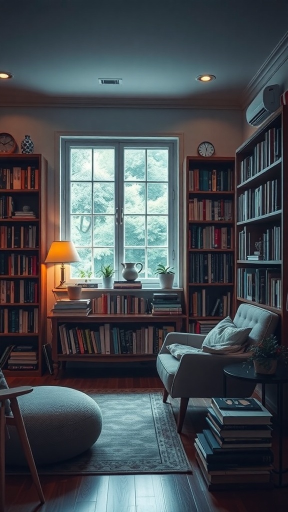11 Stunning Living Room Inspiration Ideas You'll Love 3 A cozy reading nook with bookshelves, a comfortable chair, and a warm lamp by the window.