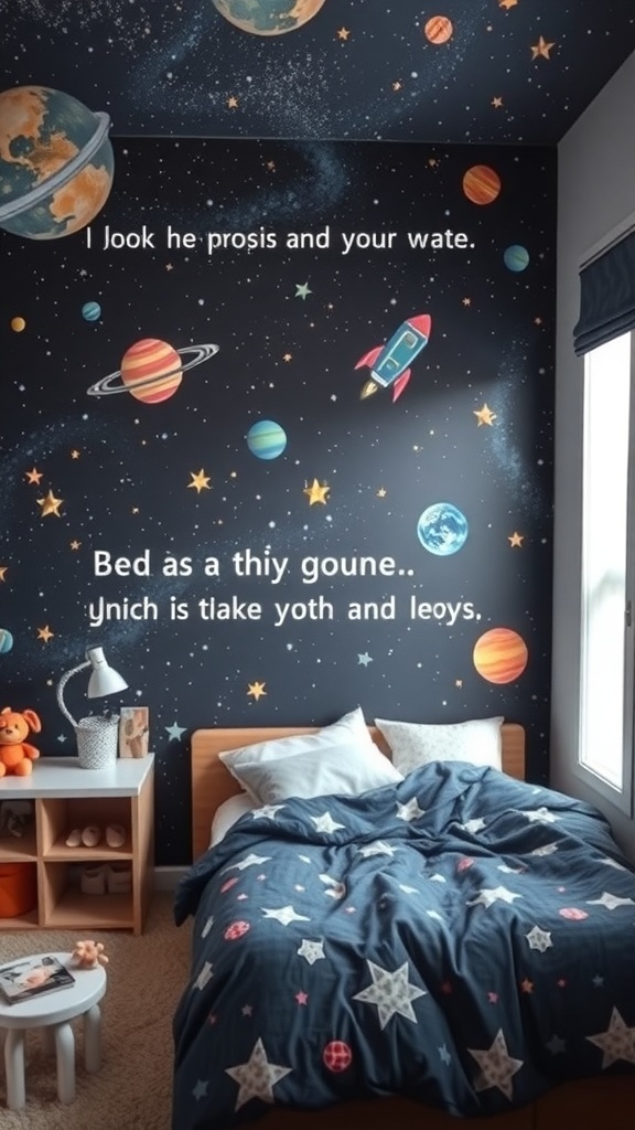 A cozy bedroom with a space-themed wallpaper featuring planets and a rocket.