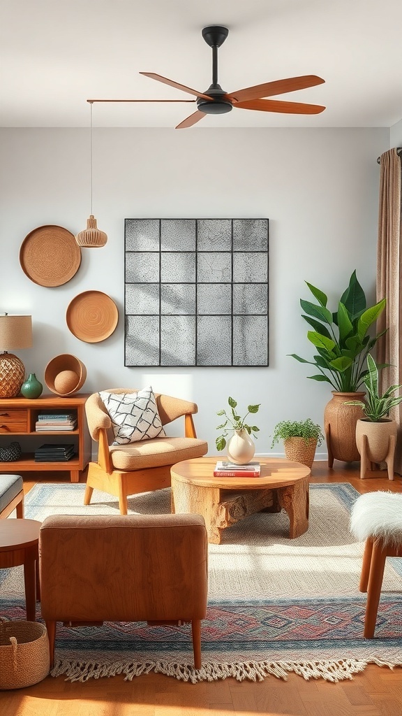 10 Inspiring Nordic Living Room Ideas for a Cozy Home 3 A cozy Nordic living room featuring wooden furniture, plants, and natural textiles.