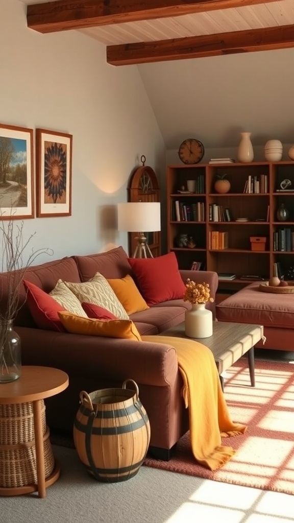 10 Cozy Fall Decor Ideas to Transform Your Home 4 Cozy living room with warm color palette, featuring a brown sofa, colorful pillows, and wooden furniture.
