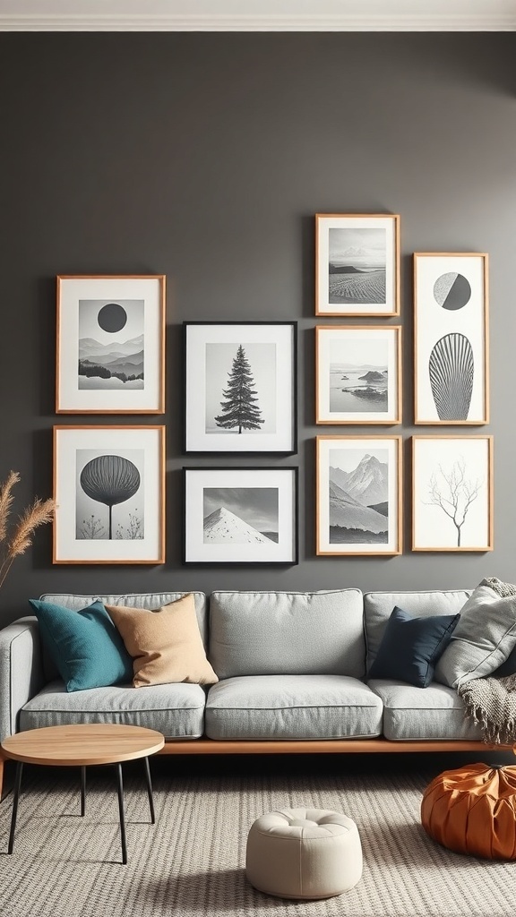 10 Inspiring Nordic Living Room Ideas for a Cozy Home 10 A Nordic living room featuring an artistic wall display with black and white framed prints on a dark wall, complemented by a light sofa and colorful cushions.