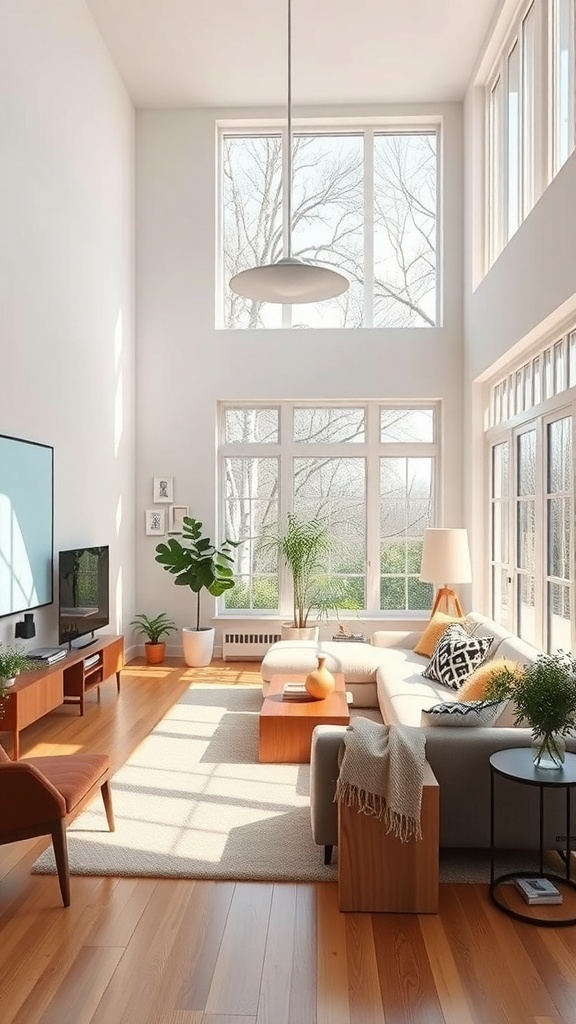 9 Cozy Earthy Living Room Ideas for a Natural Feel 5 A bright living room with large windows, natural light, and earthy decor.