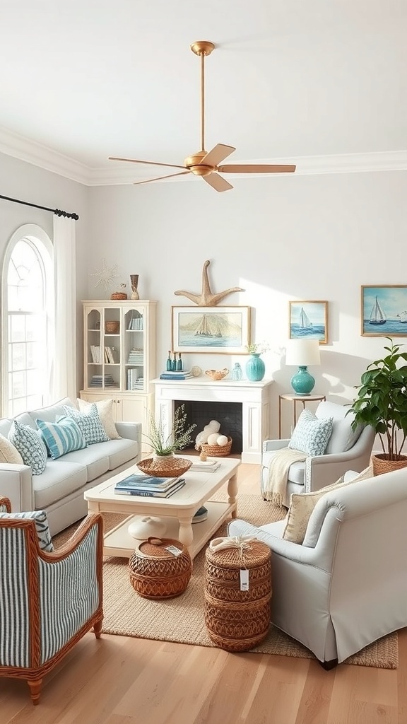 9 Stunning Living Room Designs to Inspire Your Home Makeover 3 A coastal inspired living room featuring soft hues, comfortable seating, and nautical decor.