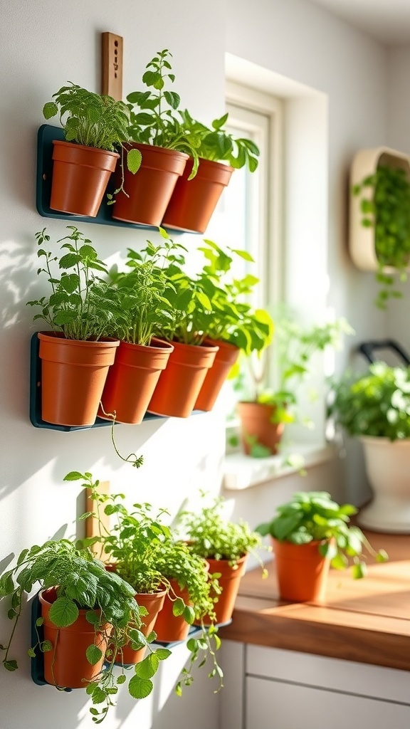 10 Creative DIY Home Decor Ideas to Transform Your Space 10 A wall-mounted herb garden with various herbs in small red pots arranged on a metal frame.