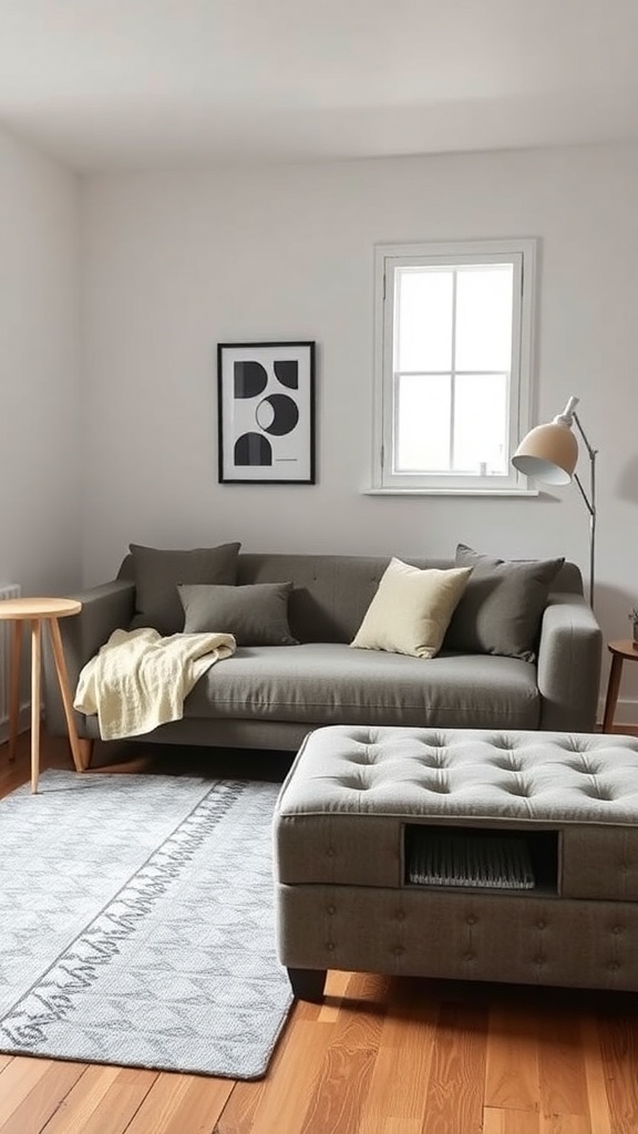 A small living room featuring a gray sofa, a tufted ottoman, and a wooden side table with a lamp.