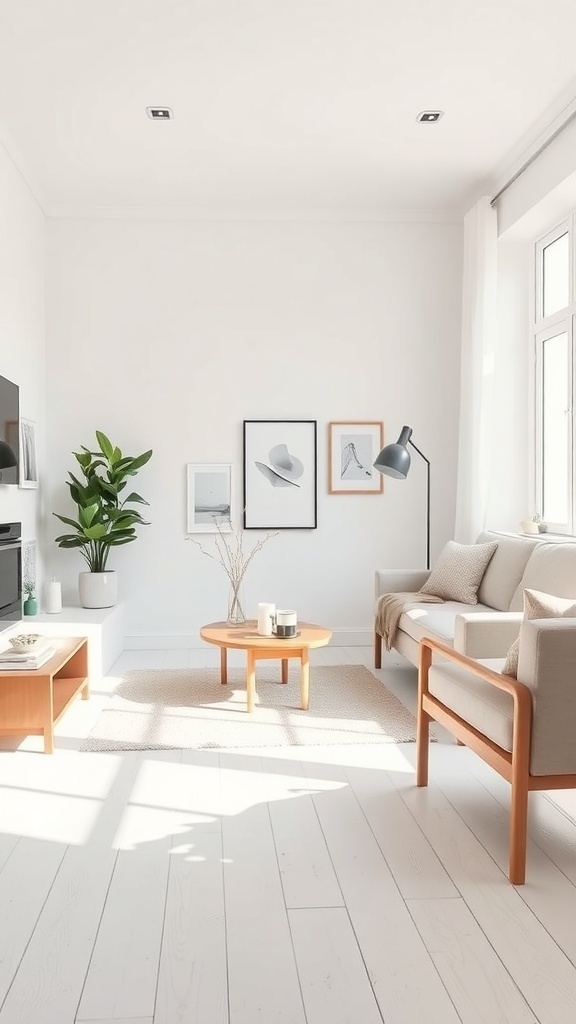 10 Inspiring Nordic Living Room Ideas for a Cozy Home 4 A minimalist Scandinavian living room with a light color palette, wooden furniture, and a green plant.