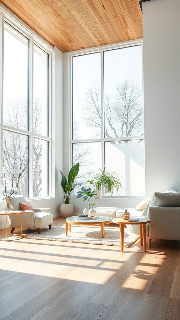 10 Inspiring Nordic Living Room Ideas for a Cozy Home 7 A bright Nordic living room with large windows, light wood ceiling, and plants.