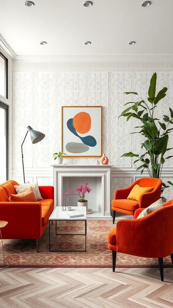 10 Stunning White Wallpaper Ideas to Brighten Your Space 7 A bright living room featuring white wallpaper, orange furniture, and a modern art piece.