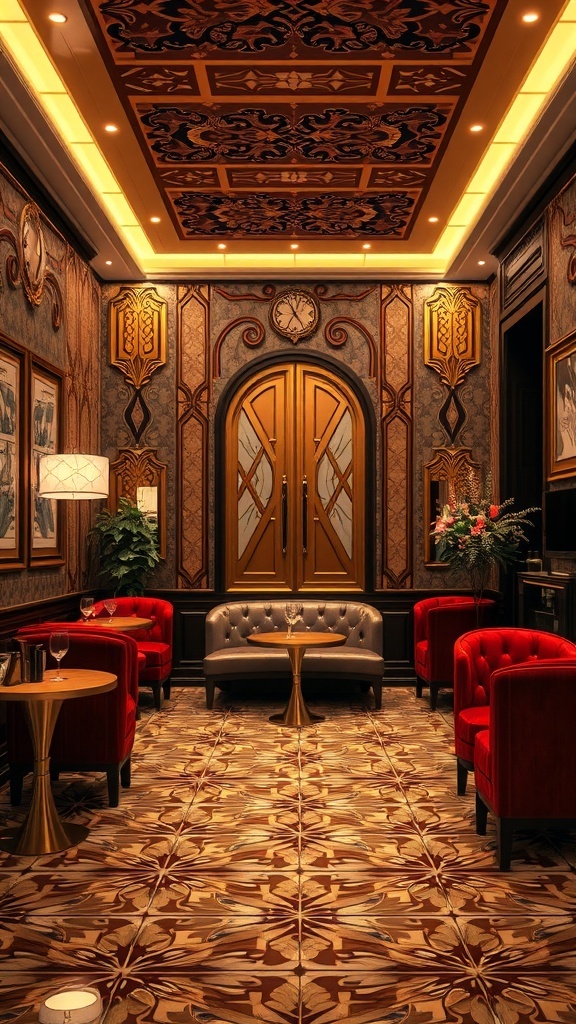 An elegant Art Deco inspired interior featuring rich colors, intricate patterns, and luxurious seating.