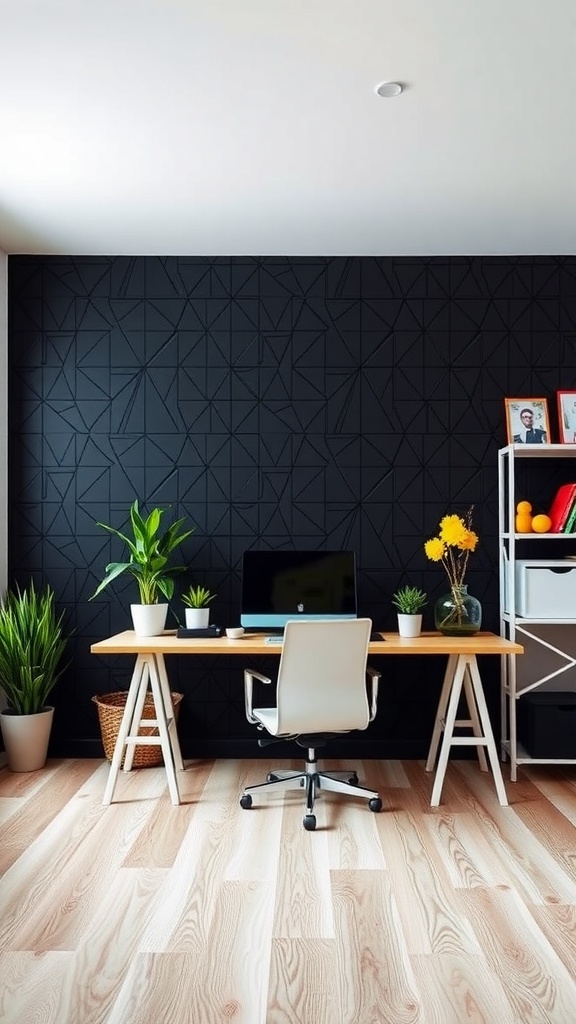12 Stunning Black Wallpaper Ideas to Elevate Your Space 4 A modern workspace featuring geometric black wallpaper, a wooden desk, a white chair, and potted plants.