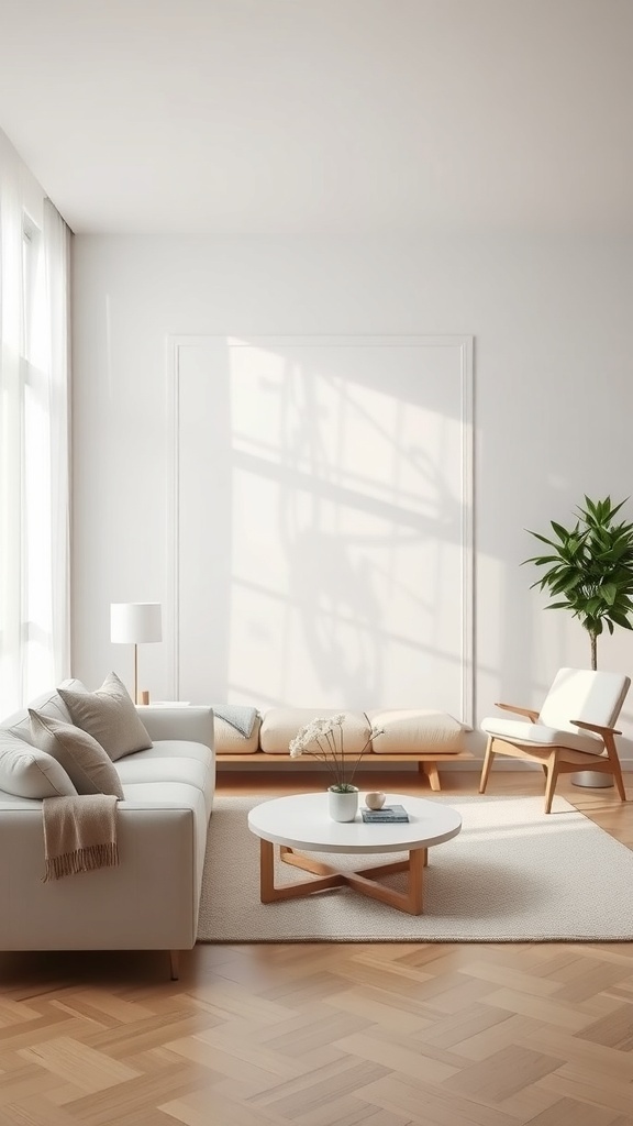10 Stunning White Wallpaper Ideas to Brighten Your Space 2 A minimalist living room with white wallpaper, natural light, and simple furniture.