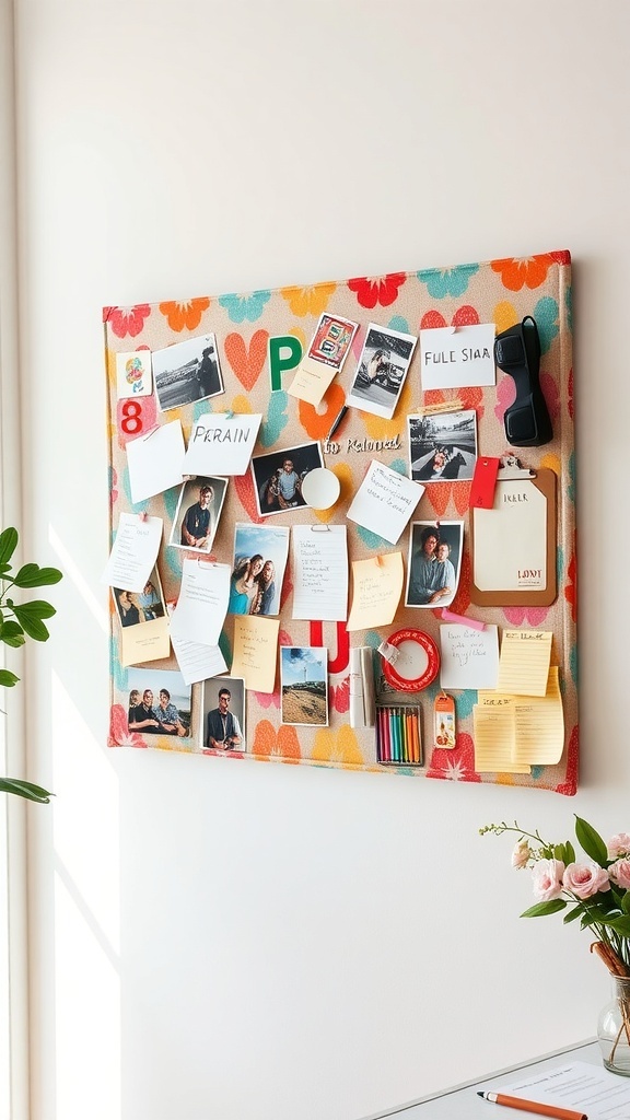 10 Creative DIY Home Decor Ideas to Transform Your Space 7 A colorful fabric-covered bulletin board with photos and notes pinned on it.