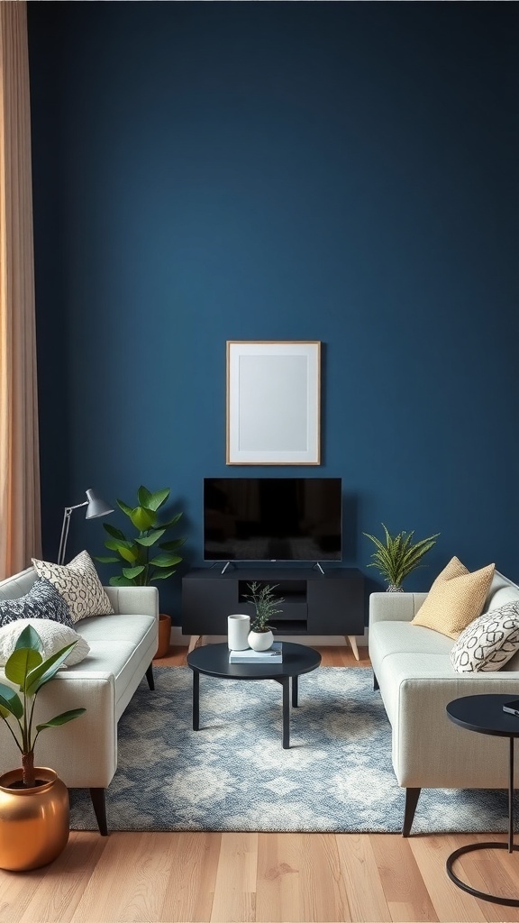 11 Stunning Living Room Inspiration Ideas You'll Love 4 Living room with a bold blue accent wall, light sofas, plants, and a coffee table.