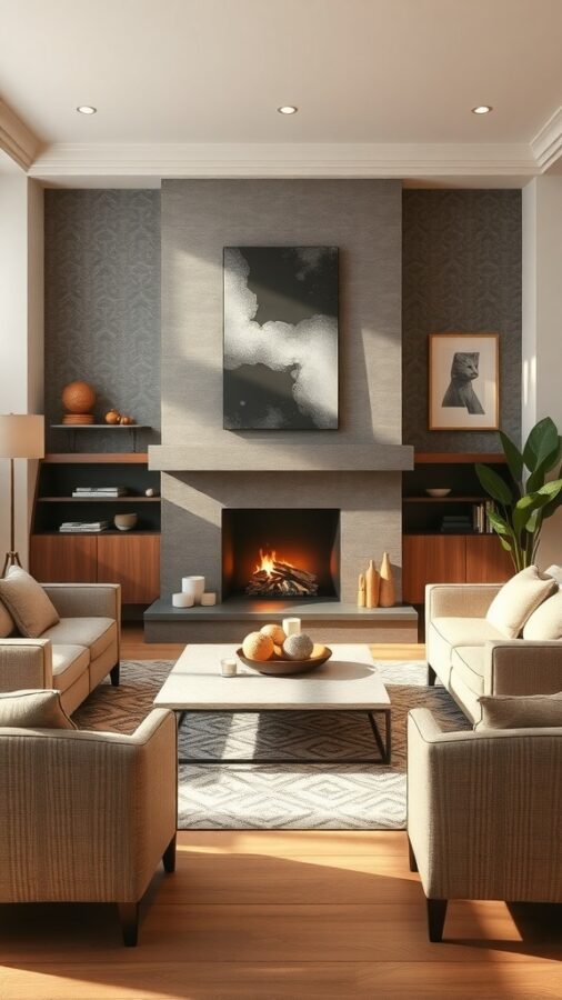 A cozy living room featuring a modern fireplace, comfortable seating, and stylish decor.