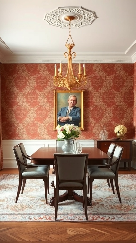 A dining room with classic damask wallpaper, a chandelier, and a portrait on the wall.