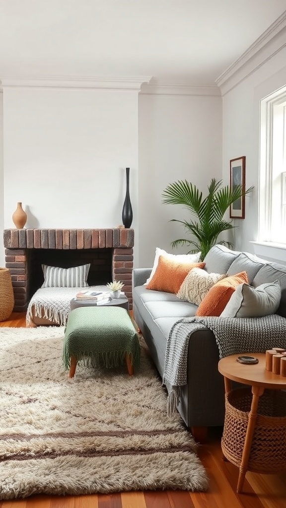 11 Stunning Living Room Inspiration Ideas You'll Love 6 Cozy living room with layered textures, featuring a sofa with cushions, a knitted ottoman, a plush rug, and a brick fireplace.