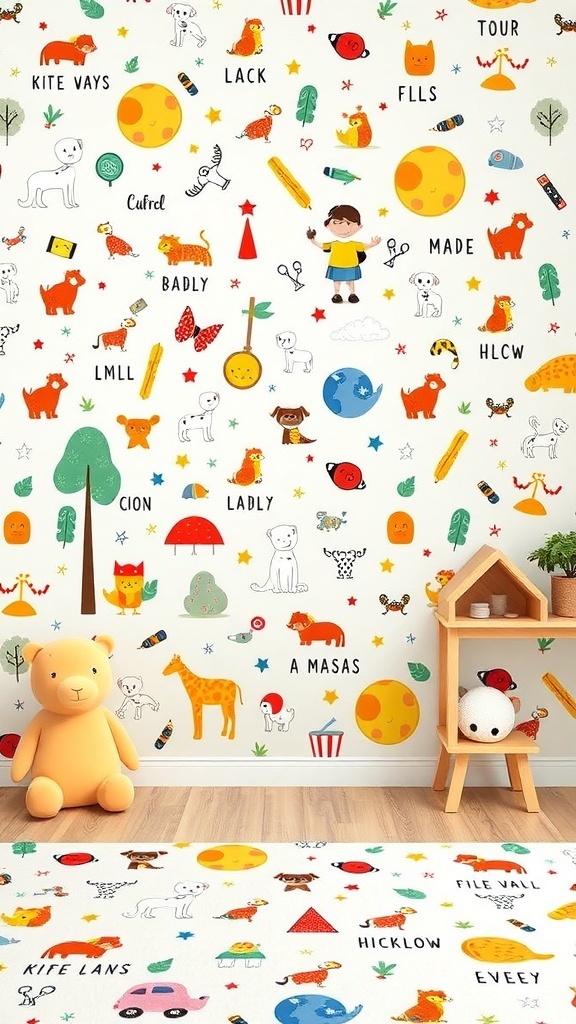 Colorful wallpaper with playful patterns for a kids' room, featuring animals, planets, and fun shapes.