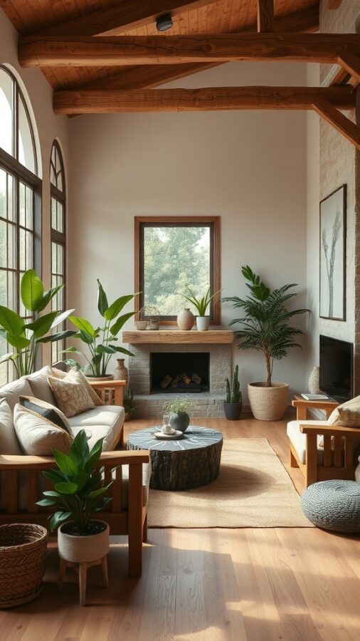 A cozy living room featuring wooden furniture, plants, and natural light.
