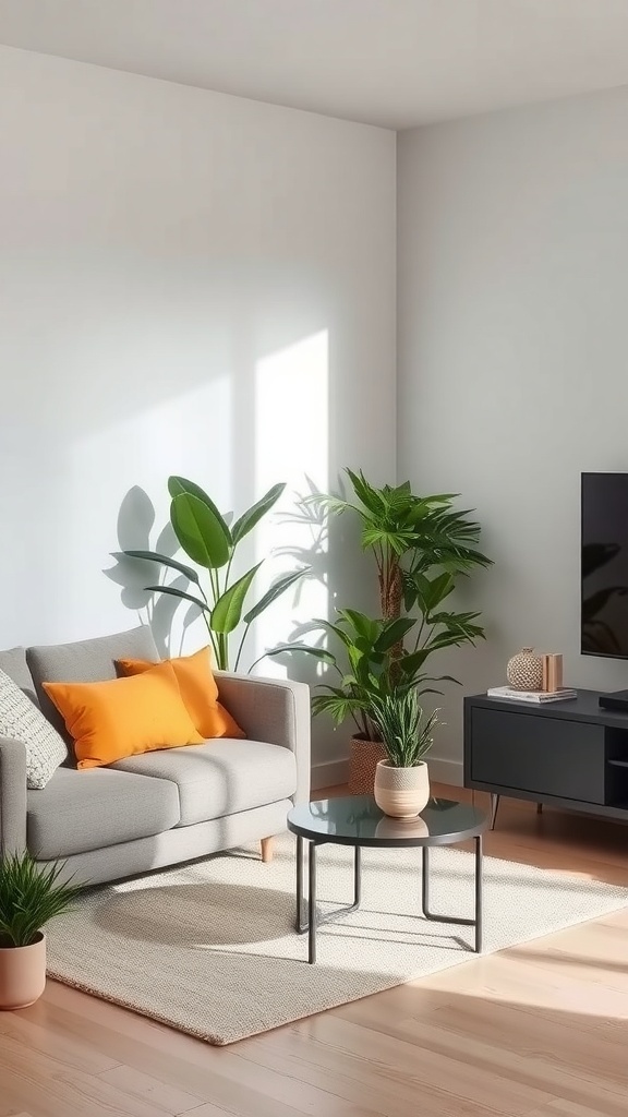 A small living room filled with various plants, showcasing a cozy and fresh atmosphere.