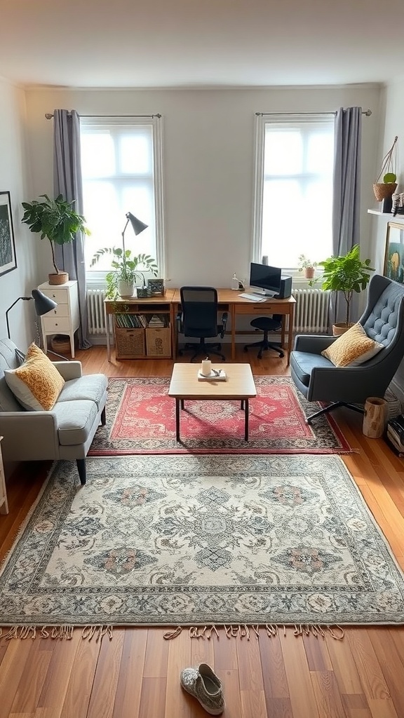 A small living room featuring two area rugs, a cozy seating arrangement, and a workspace.