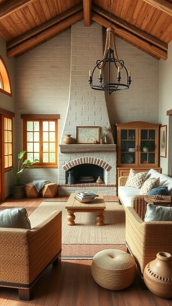 10 Nature-Inspired Items for Earthy Cottage Home Decor 8 Cozy cottage interior with natural textures, wooden beams, woven furniture, and a stone fireplace.